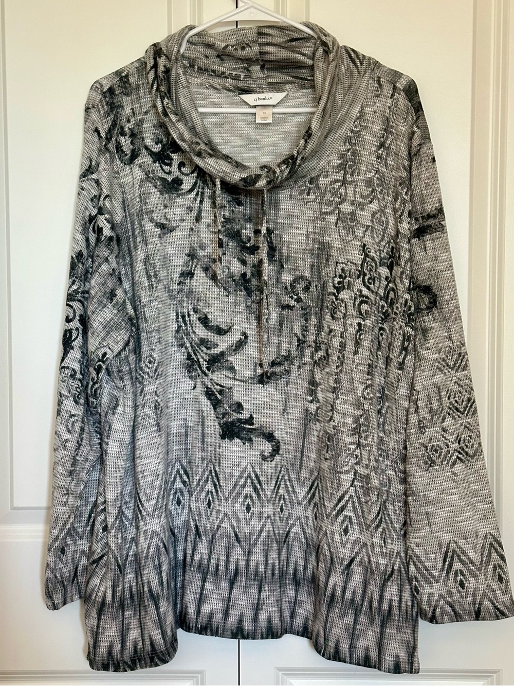 CJ Banks Black & Gray Cowl Neck Patterned Too